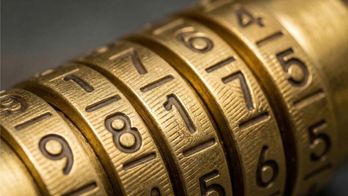 نمای نزدیک از یک قفل رمزی برنجی با چرخدندههای شمارهدار