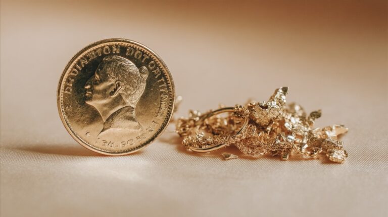 نمای ماکرو از یک سکه طلایی در کنار خرده‌طلا و قطعات جواهرات ذوب‌شده روی پس‌زمینه روشن