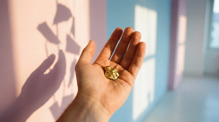 دستی که یک قطعه طلای خام را در کف دست نگه داشته و نور طبیعی با سایه‌های نرم روی دیوار پس‌زمینه افتاده است
