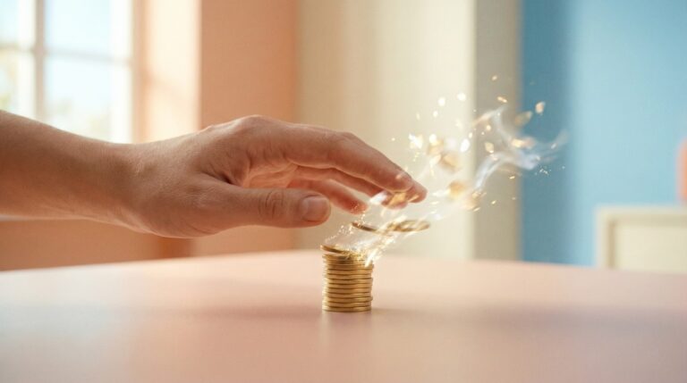 دستی که به آرامی بالای یک ستون سکه‌های طلا حرکت می‌کند و با افکت درخشان، حس رشد سرمایه و افزایش ارزش مالی را نشان می‌دهد.