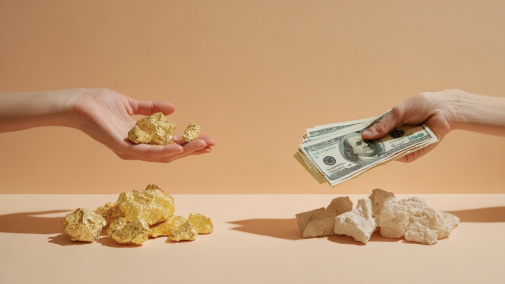 مقداری طلای آبشده در دست یک نفر و یک دسته دلار در دست فردی دیگر