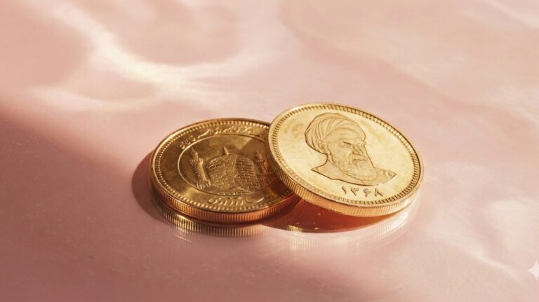 دو سکه طلای ایرانی با طرح تاریخی روی پسزمینه صورتی براق