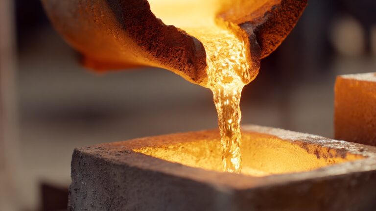 نمای نزدیک از ریختن فلز مذاب درخشان از یک بوته آهنگری به داخل قالب سنگی