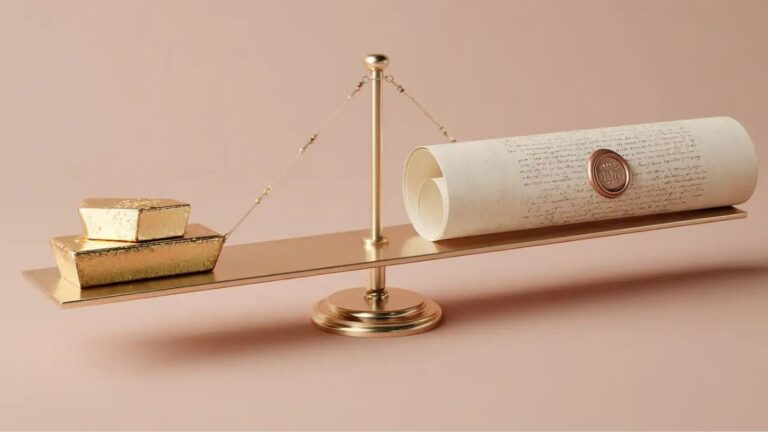 ترازوی مینیمال طلایی که در یک کفه آن دو شمش طلا و در کفه دیگر سند قرار دارد.