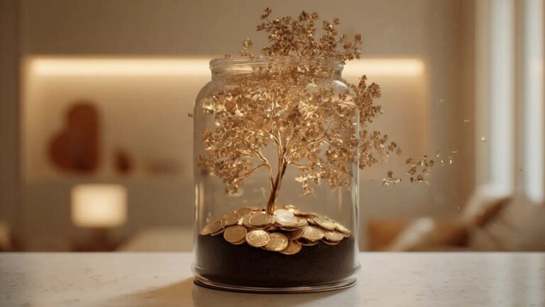 یک گلدان شیشه‌ای با چند سکه در کف آن که یک درخت طلایی از آن بیرون آمده