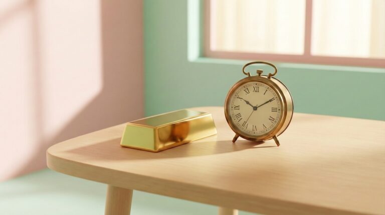 شمش طلای براق در کنار ساعت رومیزی کلاسیک روی میز چوبی با نور ملایم و فضای مینیمال