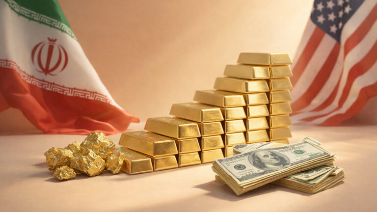 تعدادی شمش طلا و مقداری طلای آبشده در کنار دو دسته دلار با پرچم های ایران و امریکا در پس زمینه