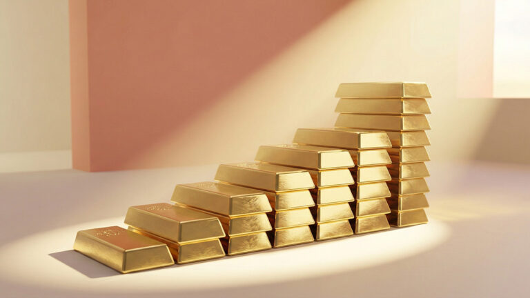 تعدادی شمش طلا که به‌صورت صعودی چیده شده‌اند