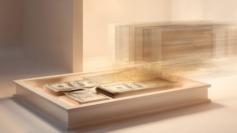 نمای مفهومی از تبدیل و چاپ پول؛ بسته‌های اسکناس دلار داخل سینی با افکت ذرات و حرکت نورانی