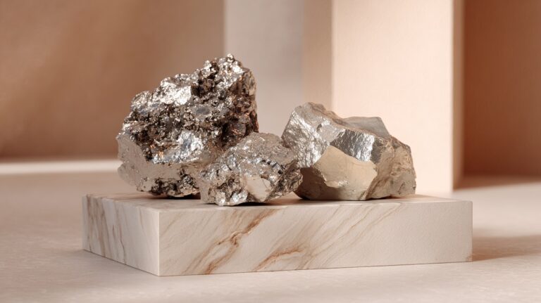 تکه‌های سنگ معدن نقره با سطح براق فلزی روی پایه سنگ مرمر در نور ملایم و پس‌زمینه مینیمال