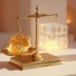 ترازو برنجی، طلای مذاب و مکعب دیجیتال درخشان را در اتاقی پاستلی متعادل نگه داشته است.