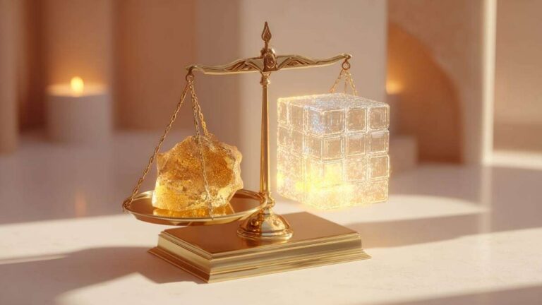 ترازو برنجی، طلای مذاب و مکعب دیجیتال درخشان را در اتاقی پاستلی متعادل نگه داشته است.