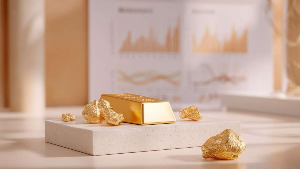 نمایش هنری شیک طلا ابشده نقدی در مقابل نمودارهای مالی در یک اتاق مدرن.