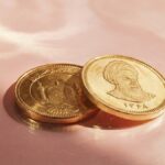 دو سکه طلای ایرانی با طرح تاریخی روی پس‌زمینه صورتی براق