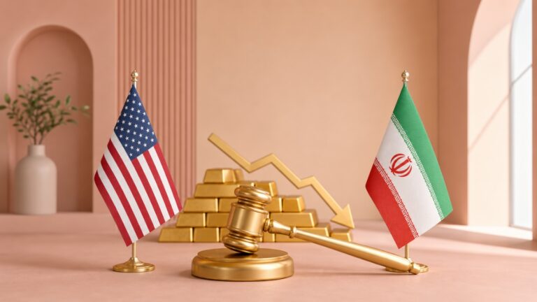 تعدادی شمش طلا و مقداری طلای آبشده در کنار دو دسته دلار با پرچم های ایران و امریکا در پس زمینه