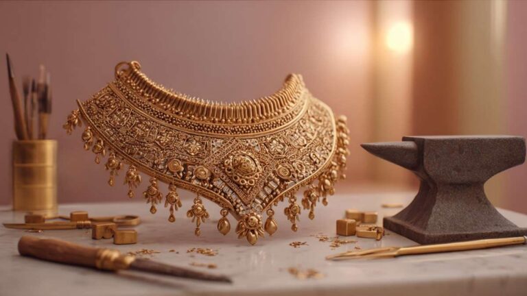 گردنبند طلای ظریف با ابزارها در نور گرم و پاستلی