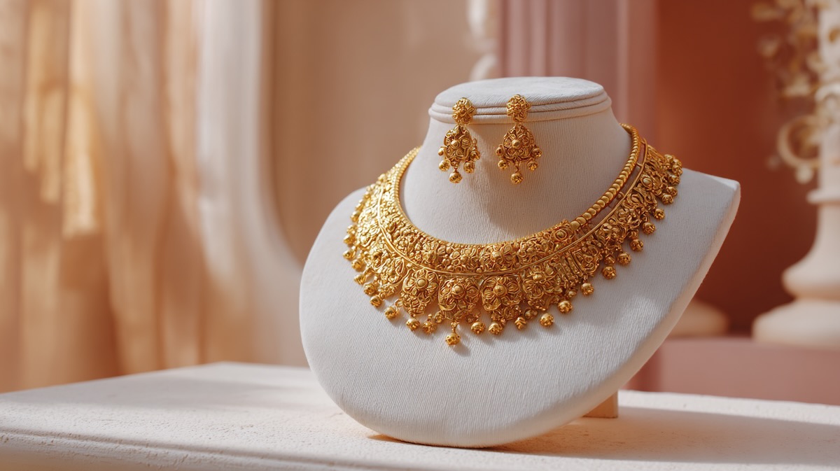 سرویس گردنبند و گوشواره طلای مجلسی با طراحی سنتی و ظریف روی مانکن