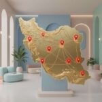 نمای داخلی مدرن با نقشه طلایی ایران و نشانگرهای قرمز موقعیت‌ها در مرکز اتاقی روشن و شیک