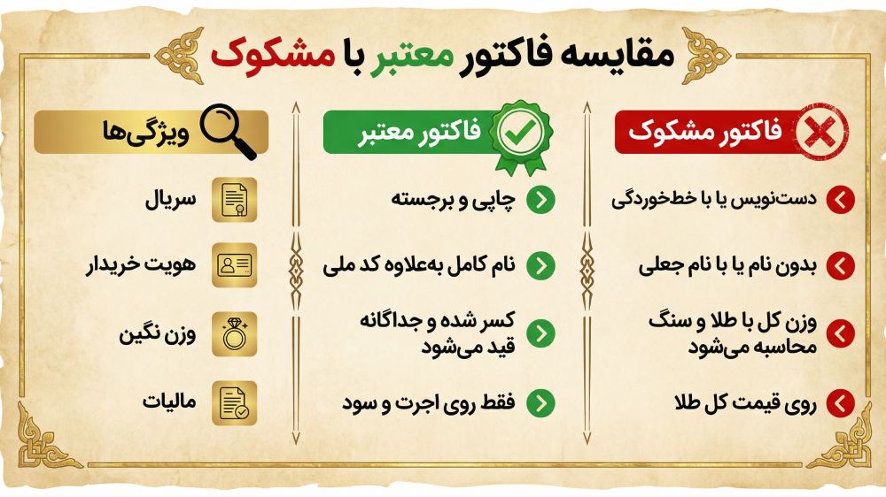 مقایسه فاکتور طلای مشکوک با فاکتور معتبر