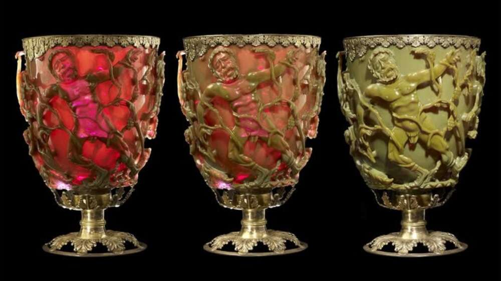 جام لیکورگوس رومی در سه نما که با تغییر جهت نور از سبز به قرمز درمیآید